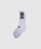 White crew socks with black skull and crossbones graphic and black text on the sole