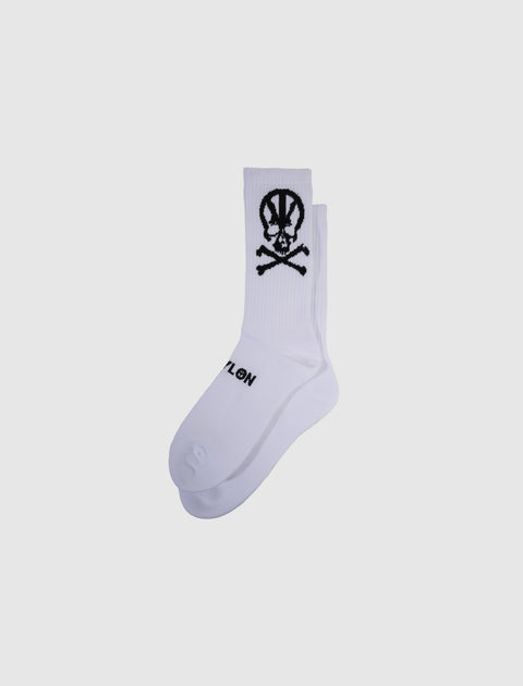 White crew socks with black skull and crossbones graphic and black text on the sole