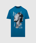 Blue graphic streetwear t-shirt featuring a large portrait and stylized text on the front