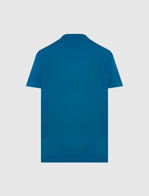 Back view of a plain blue men's short sleeve streetwear t-shirt on a white background