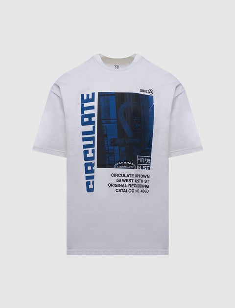 White streetwear T-shirt with blue graphic print and bold text on front