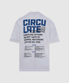 White men's streetwear t-shirt with bold blue graphic and text print on the back