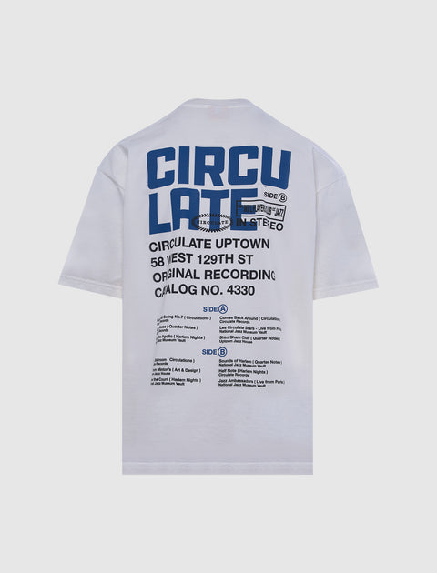 White men's streetwear t-shirt with bold blue graphic and text print on the back