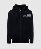 Black zip-up hoodie with front graphic text 'IN STEREO' and circular logo on chest