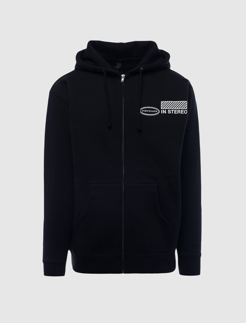 Black zip-up hoodie with front graphic text 'IN STEREO' and circular logo on chest