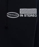 Black streetwear hoodie with white 'CIRCULATE IN STEREO' graphic print on chest