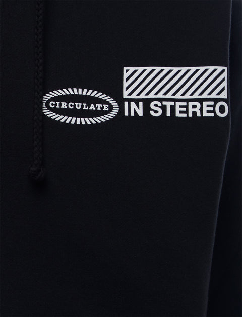 Black streetwear hoodie with white 'CIRCULATE IN STEREO' graphic print on chest