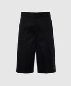 Black men's streetwear shorts with belt loops, flat front, and small logo patch