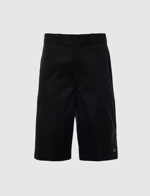 Black men's streetwear shorts with belt loops, flat front, and small logo patch