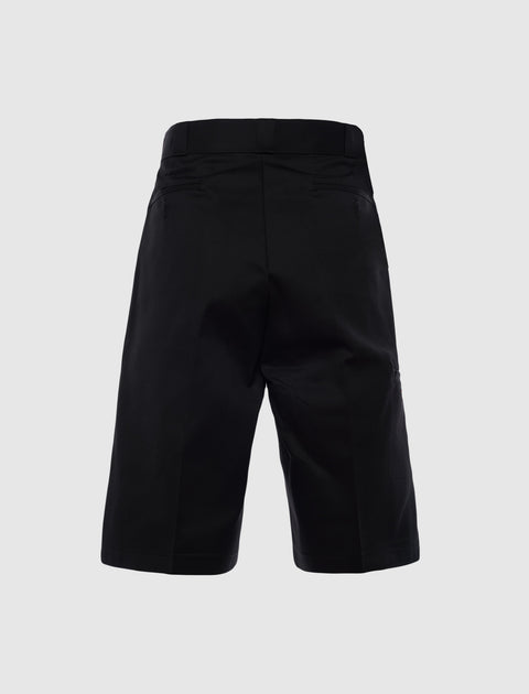 Back view of black men's streetwear shorts with belt loops and welt pockets