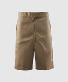 Khaki men's streetwear shorts with belt loops and side pockets on white background