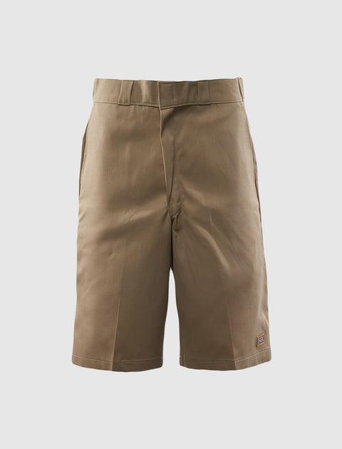 Khaki men's streetwear shorts with belt loops and side pockets on white background