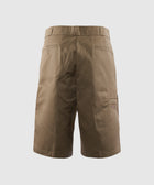 Khaki men's work shorts with back welt pockets and side logo patch, streetwear style
