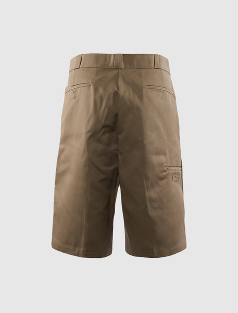 Khaki men's work shorts with back welt pockets and side logo patch, streetwear style