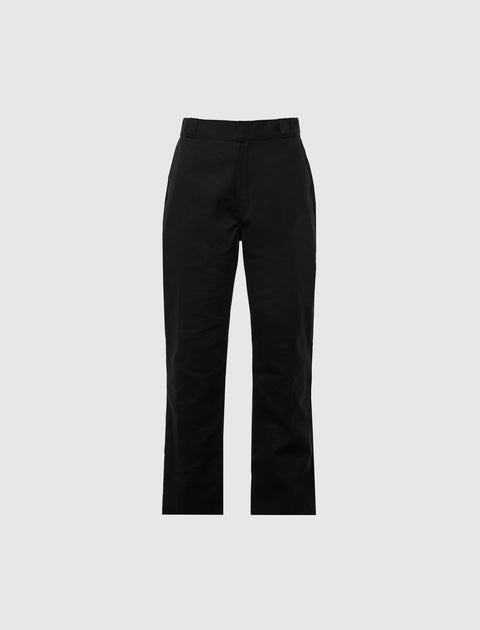 Men's black straight leg streetwear pants with belt loops on grey background