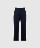 Men's navy blue straight leg dress pants with belt loops on white background