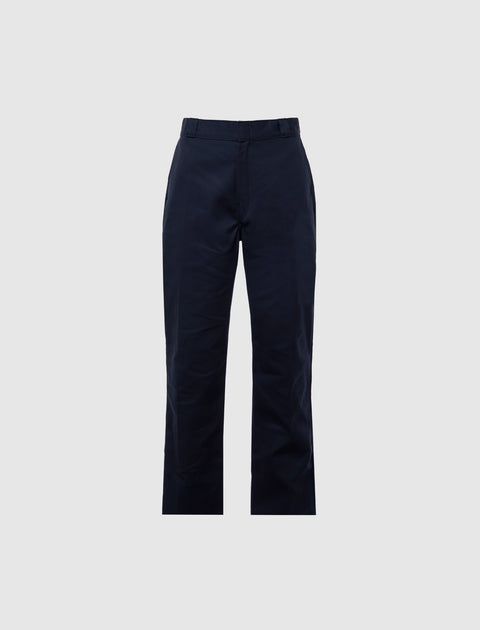 Men's navy blue straight leg dress pants with belt loops on white background