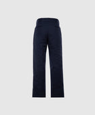 Back view of men's navy straight-leg pants with welt pockets on a white background