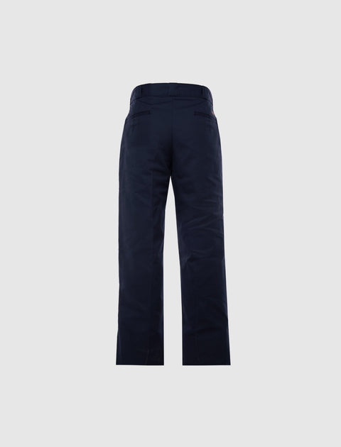 Back view of men's navy straight-leg pants with welt pockets on a white background