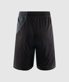 Black mesh athletic shorts with elastic waistband and gray accent panel, back view