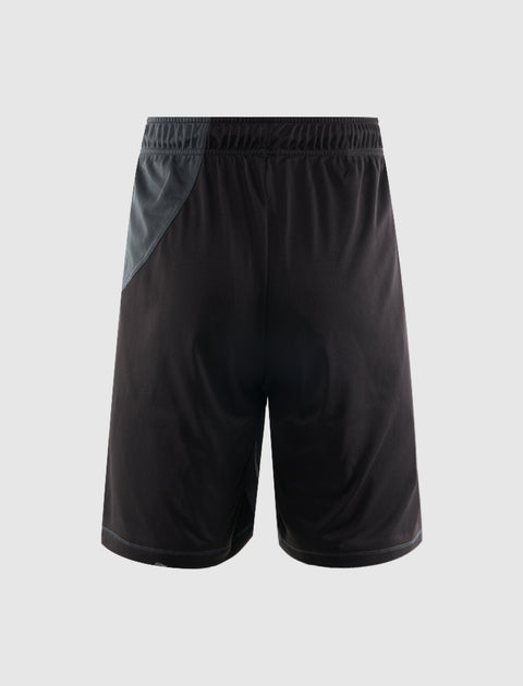 Black mesh athletic shorts with elastic waistband and gray accent panel, back view