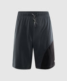 Men's black athletic shorts with drawstring waist and asymmetric panel design