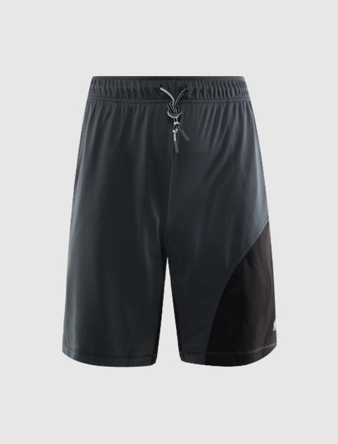 Men's black athletic shorts with drawstring waist and asymmetric panel design