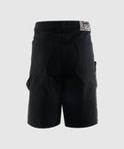 Back view of black men's streetwear cargo shorts with rear pockets and patch detail