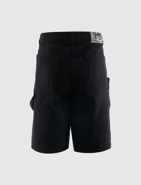 Back view of black men's streetwear cargo shorts with rear pockets and patch detail