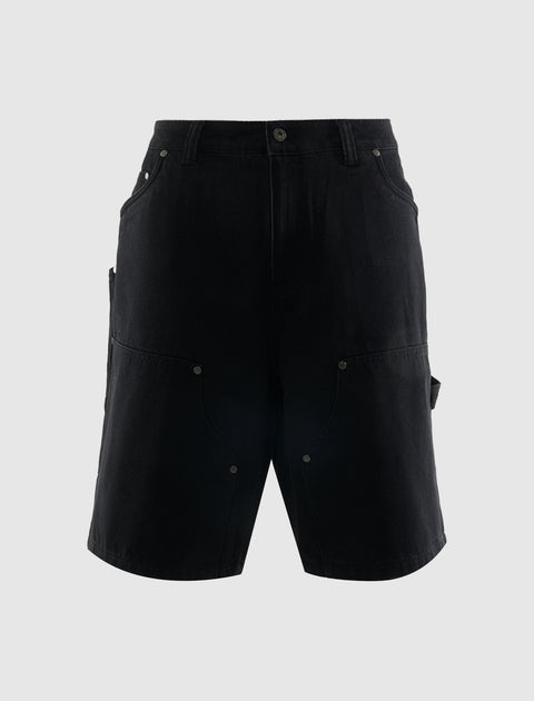 Men's black workwear shorts with utility pockets and belt loops on white background