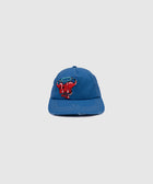 Blue baseball cap with red bull head and halo embroidered on front, streetwear accessory