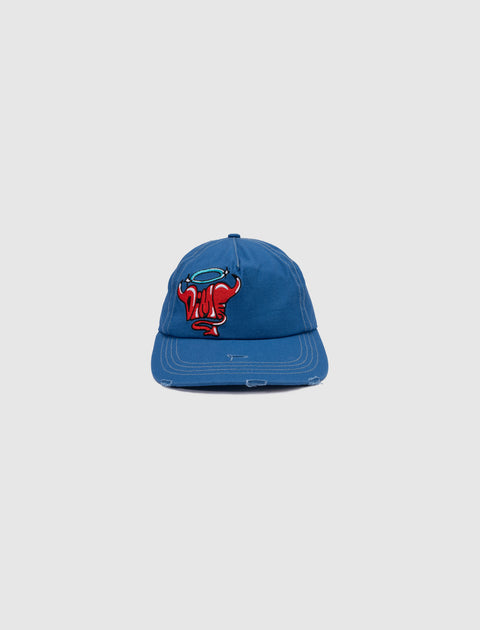 Blue baseball cap with red bull head and halo embroidered on front, streetwear accessory