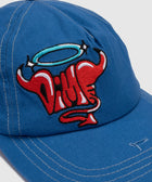 Blue streetwear cap with red devil horns and blue halo embroidered graphic on front