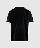 Back view of plain black men's short sleeve streetwear t-shirt on white background