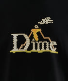 Black streetwear shirt with yellow cross-stitched graphic and Dime text detail