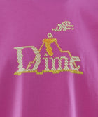 Pink streetwear t-shirt with yellow beaded pixel art logo and cloud graphic detail