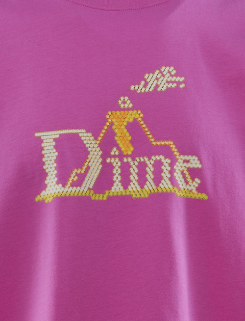 Pink streetwear t-shirt with yellow beaded pixel art logo and cloud graphic detail