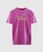 Pink short sleeve streetwear t-shirt with yellow pixel graphic and text on front