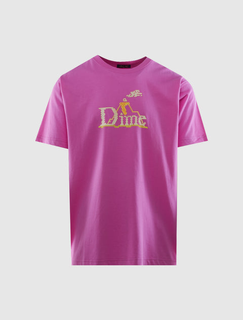 Pink short sleeve streetwear t-shirt with yellow pixel graphic and text on front