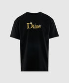 Black streetwear t-shirt with gold Dime logo and sparkling accents on the chest