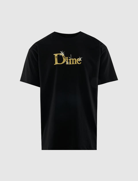 Black streetwear t-shirt with gold Dime logo and sparkling accents on the chest