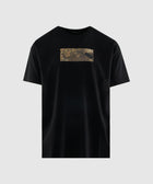 Black short sleeve streetwear t-shirt with a rectangular front graphic print.