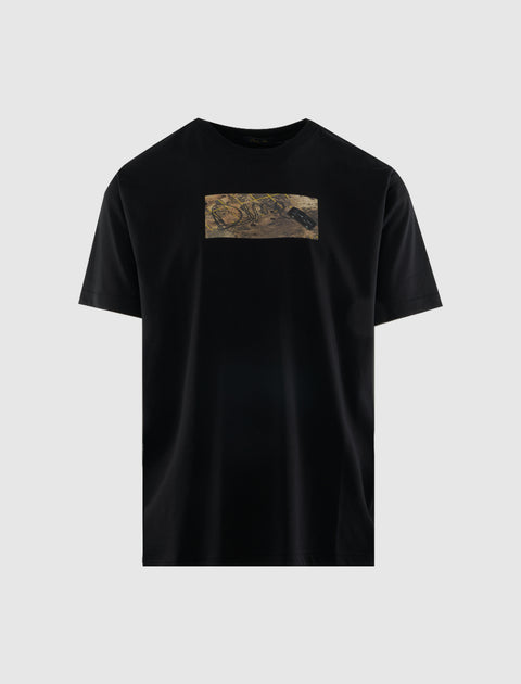 Black short sleeve streetwear t-shirt with a rectangular front graphic print.