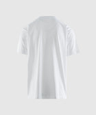 Back view of plain white men's short sleeve streetwear t-shirt on light background