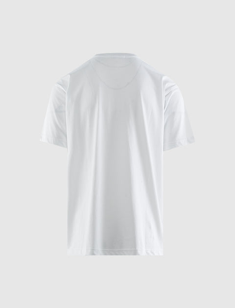 Back view of plain white men's short sleeve streetwear t-shirt on light background