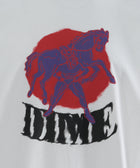 White streetwear tee with graphic of purple figure holding horse, red circle backdrop, DIME text