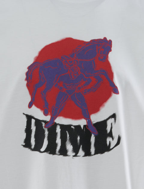 White streetwear tee with graphic of purple figure holding horse, red circle backdrop, DIME text
