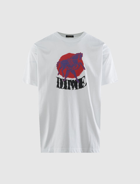 White streetwear t-shirt with abstract horse and red graphic print on front