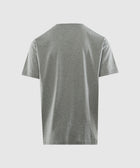 Back view of plain grey men's short sleeve streetwear t-shirt on white background