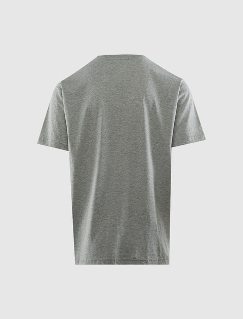 Back view of plain grey men's short sleeve streetwear t-shirt on white background